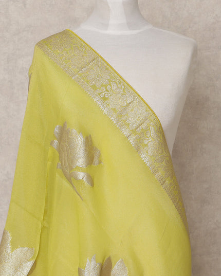 Lime Green Metallic Leaf Zari Weave Premium Tussar Silk Dupatta, 225X85 Cms, Made in India-D25781