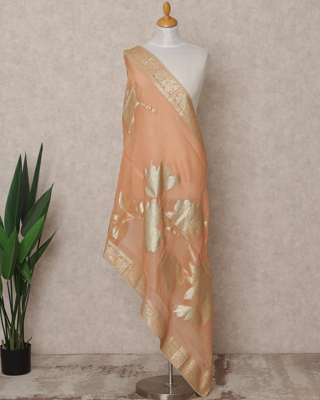 Peach Metallic Leaf Zari Weave Premium Tussar Silk Dupatta, 225X85 Cms, Made in India-D25780 Regal Fabrics