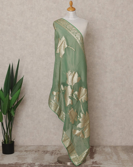 Sage Green Metallic Leaf Zari Weave Premium Tussar Silk Dupatta, 225X85 Cms, Made in India-D25779