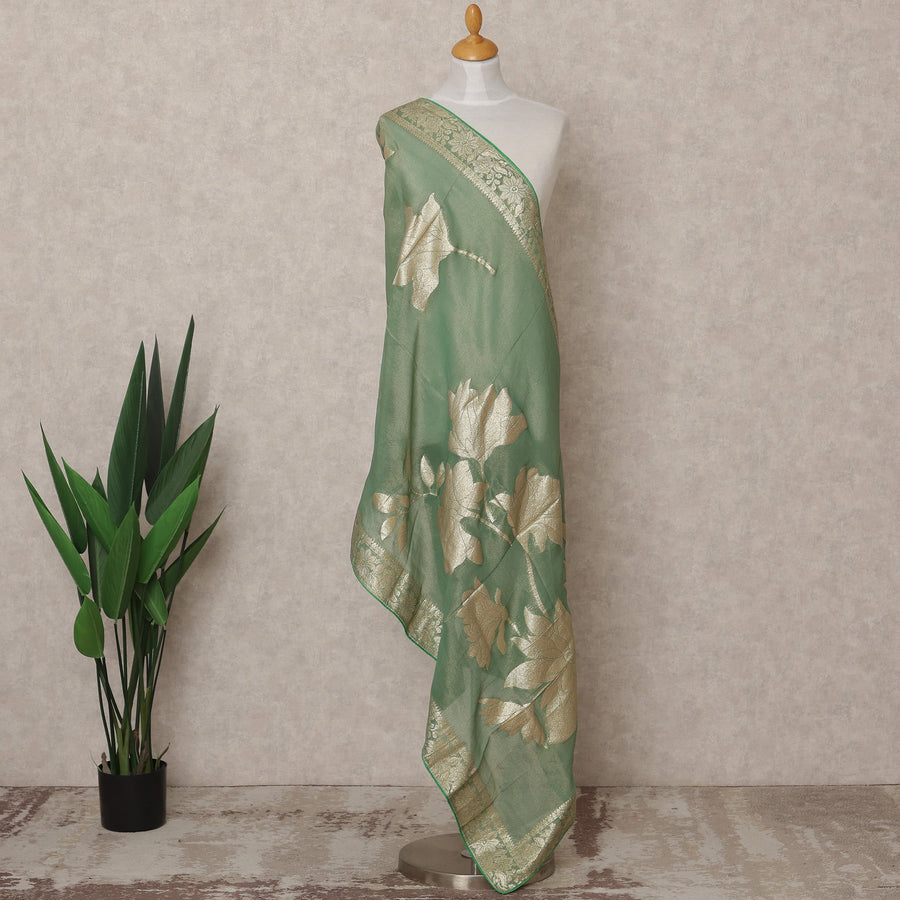Sage Green Metallic Leaf Zari Weave Premium Tussar Silk Dupatta, 225X85 Cms, Made in India-D25779
