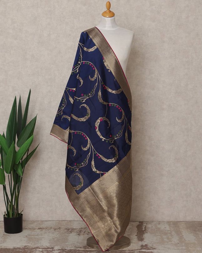 Navy Blue Floral Vine Zari Weave Premium Raw Silk Dupatta, 225X85 Cms, Made in India-D25786