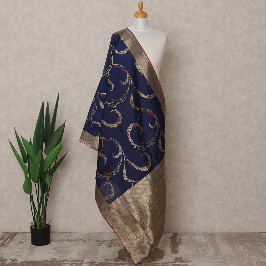 Navy Blue Floral Vine Zari Weave Premium Raw Silk Dupatta, 225X85 Cms, Made in India-D25786