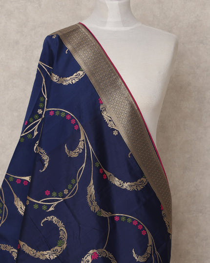Navy Blue Floral Vine Zari Weave Premium Raw Silk Dupatta, 225X85 Cms, Made in India-D25786