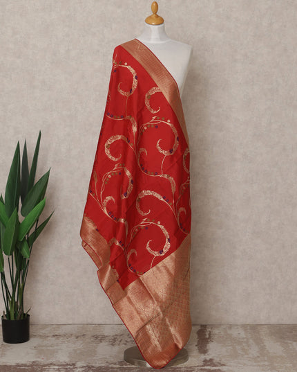 Crimson Red Floral Vine Zari Weave Premium Raw Silk Dupatta, 225X85 Cms, Made in India-D25787