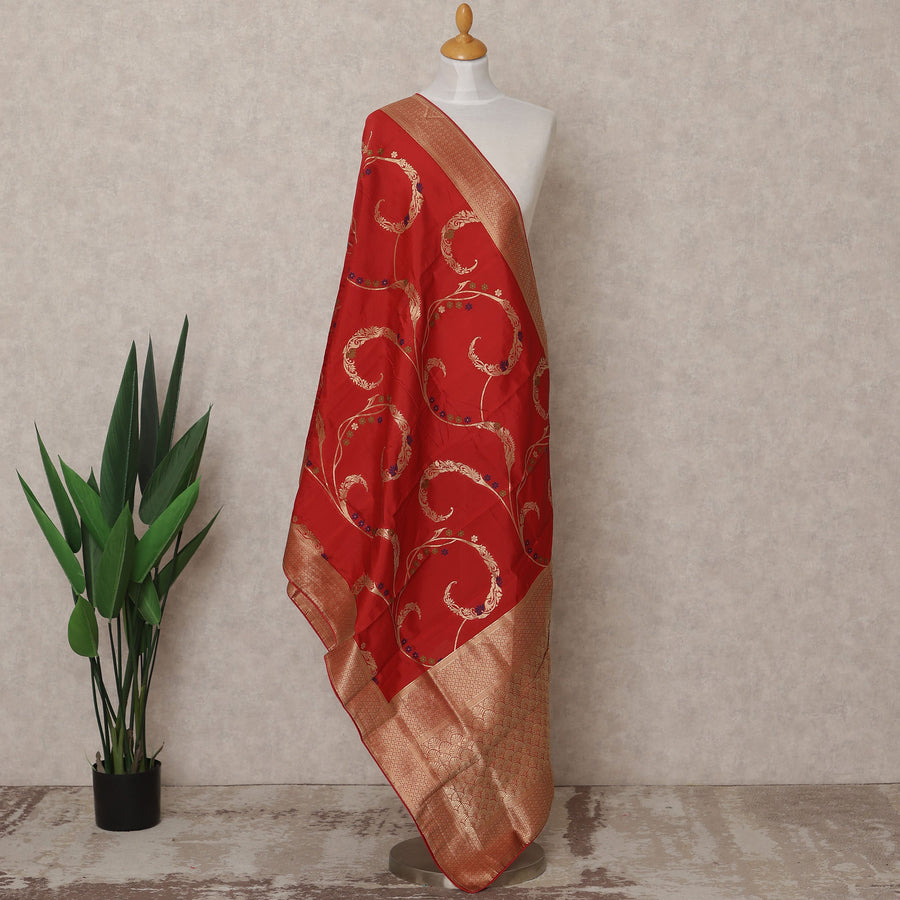 Crimson Red Floral Vine Zari Weave Premium Raw Silk Dupatta, 225X85 Cms, Made in India-D25787