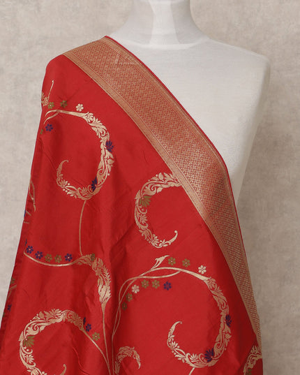 Crimson Red Floral Vine Zari Weave Premium Raw Silk Dupatta, 225X85 Cms, Made in India-D25787