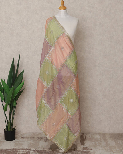 Peach and Green Patchwork Embroidered Sequin Border Premium Organza Dupatta, 225X85 Cms, Made in India-D25761