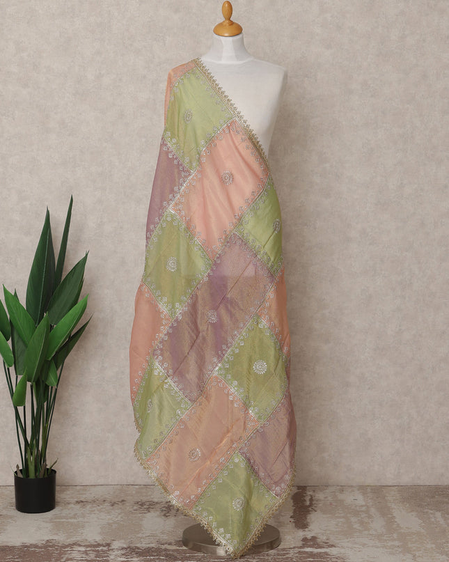 Peach and Green Patchwork Embroidered Sequin Border Premium Organza Dupatta, 225X85 Cms, Made in India-D25761