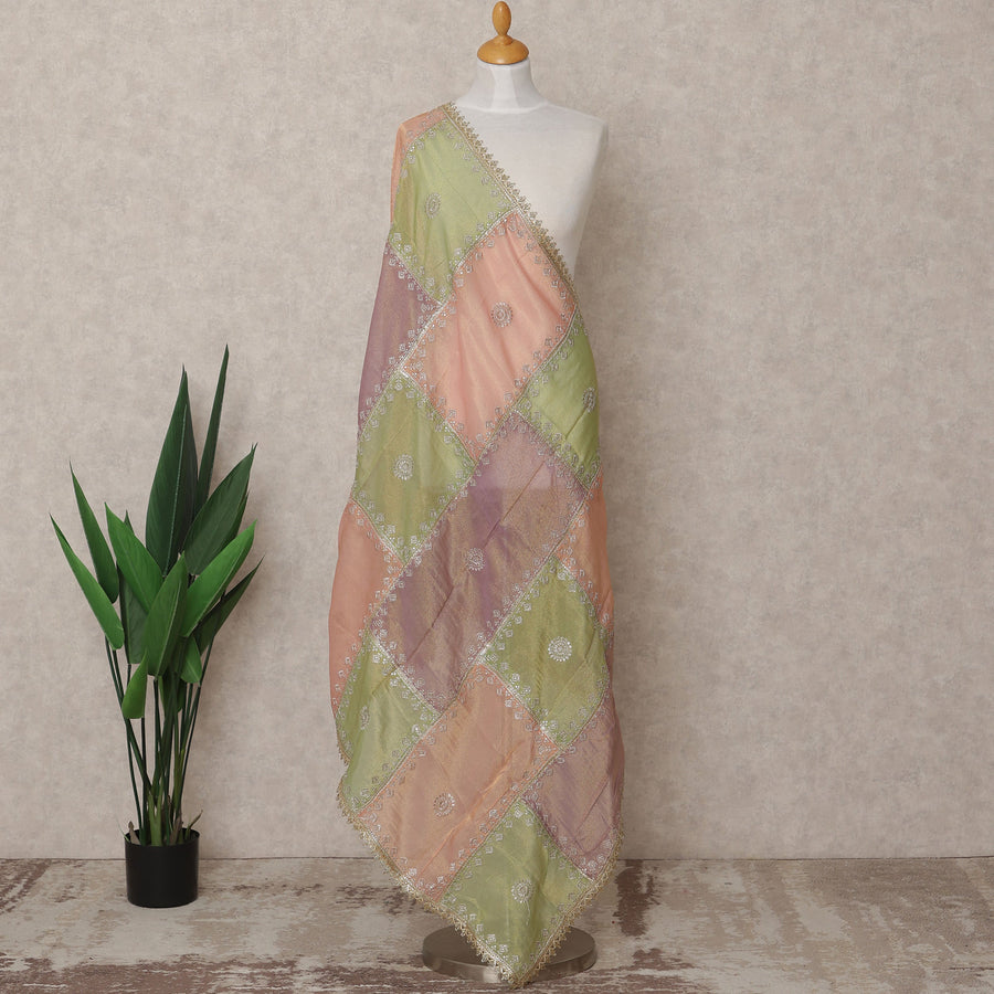 Peach and Green Patchwork Embroidered Sequin Border Premium Organza Dupatta, 225X85 Cms, Made in India-D25761