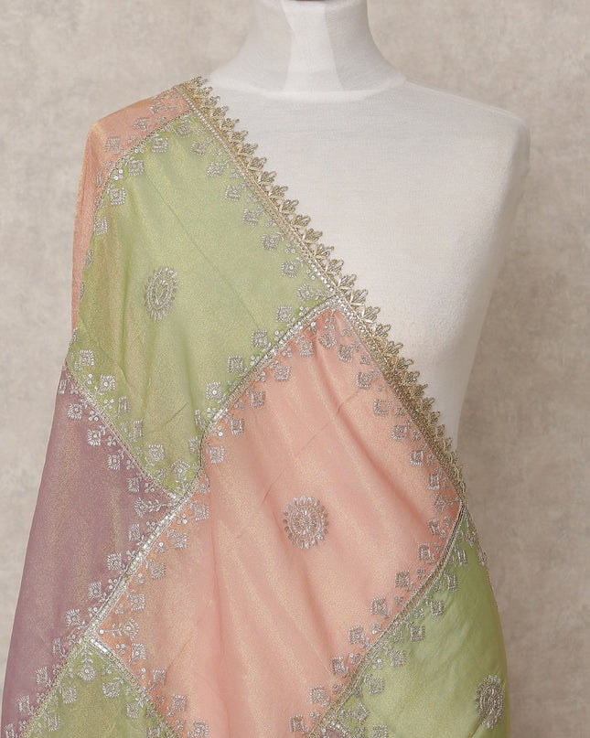 Peach and Green Patchwork Embroidered Sequin Border Premium Organza Dupatta, 225X85 Cms, Made in India-D25761