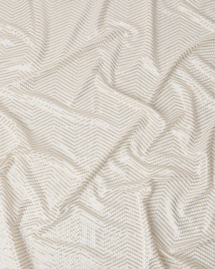 Ivory Sequin Embroidered Chevron Pattern Synthetic Viscose Fabric, 110 Cms Width, Made in India-D26376