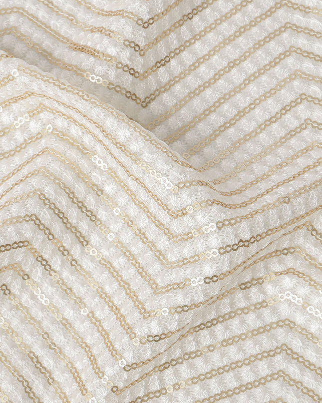 Ivory Sequin Embroidered Chevron Pattern Synthetic Viscose Fabric, 110 Cms Width, Made in India-D26376