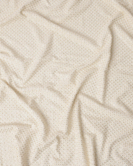 Cream Sequin Embroidered Polka Dot Pattern Synthetic Viscose Fabric, 110 Cms Width, Made in India-D26377