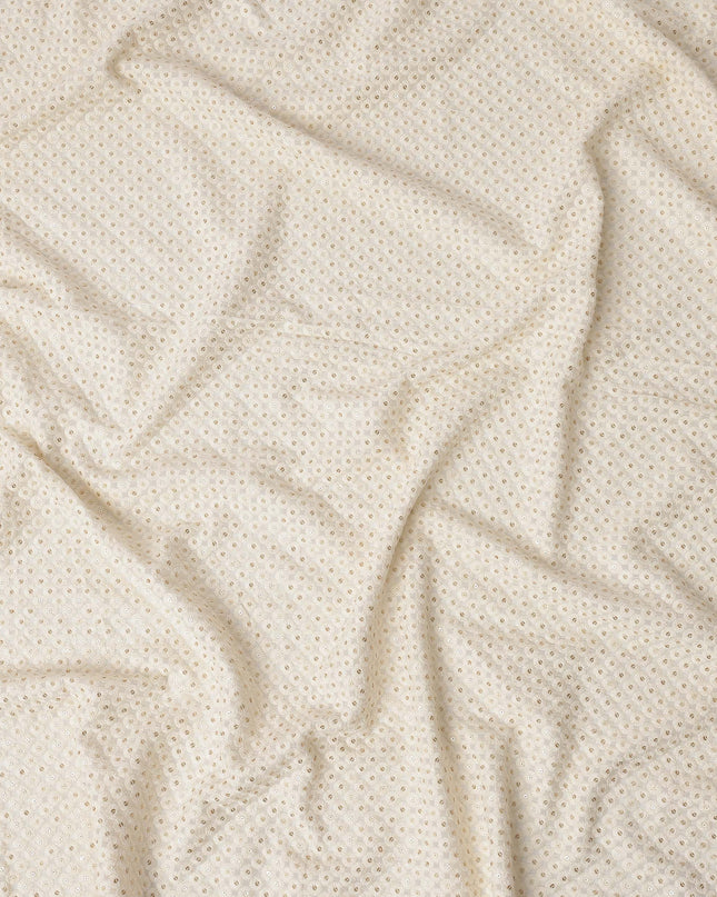 Cream Sequin Embroidered Polka Dot Pattern Synthetic Viscose Fabric, 110 Cms Width, Made in India-D26377