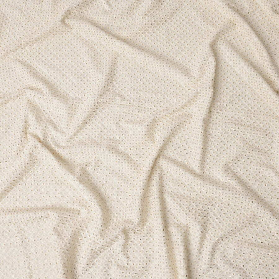 Cream Sequin Embroidered Polka Dot Pattern Synthetic Viscose Fabric, 110 Cms Width, Made in India-D26377