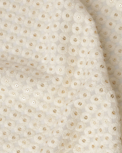 Cream Sequin Embroidered Polka Dot Pattern Synthetic Viscose Fabric, 110 Cms Width, Made in India-D26377