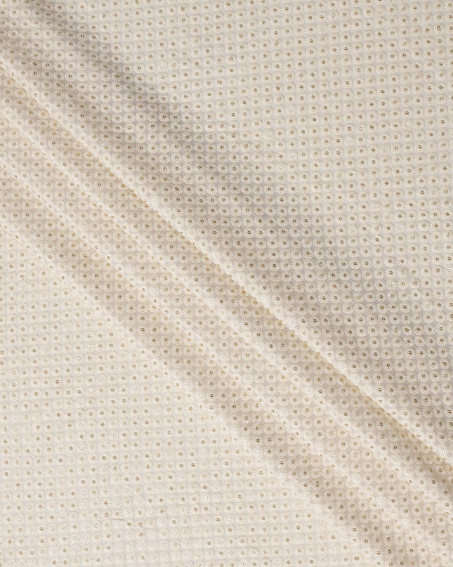 Cream Sequin Embroidered Polka Dot Pattern Synthetic Viscose Fabric, 110 Cms Width, Made in India-D26377