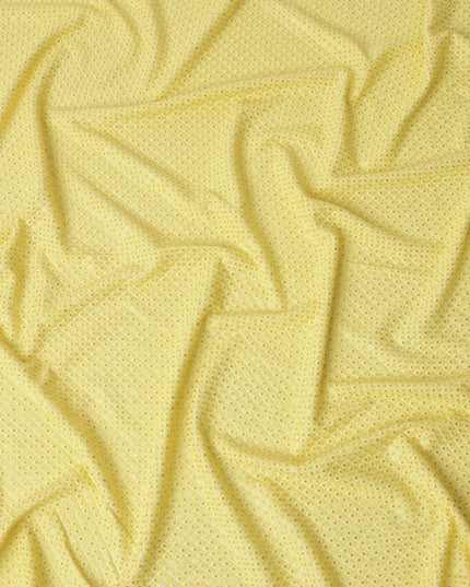 Yellow Sequin Embroidered Polka Dot Pattern Synthetic Viscose Fabric, 110 Cms Width, Made in India-D26378