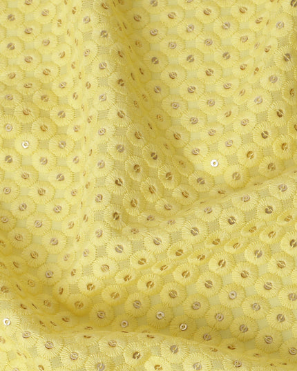 Yellow Sequin Embroidered Polka Dot Pattern Synthetic Viscose Fabric, 110 Cms Width, Made in India-D26378