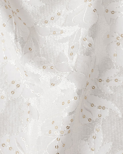 White Floral Cotton Silk Embroidery Fabric 140cm
