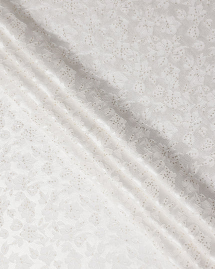 White Floral Cotton Silk Embroidery Fabric 140cm