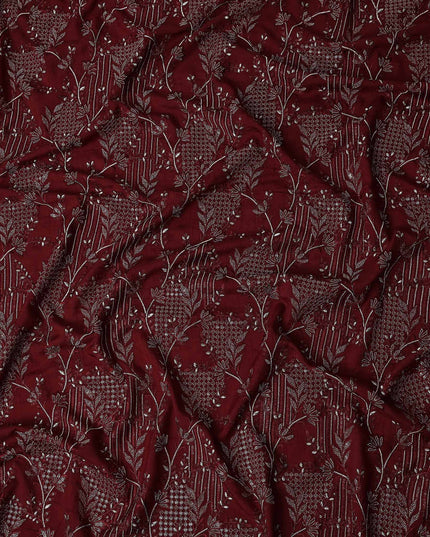 Red Floral Cotton Silk Embroidery Fabric 140cm