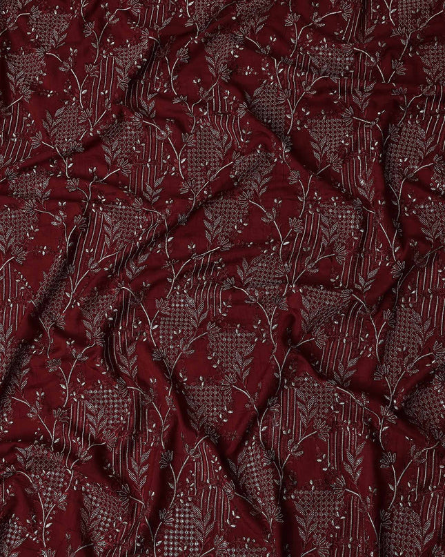 Red Floral Cotton Silk Embroidery Fabric 140cm