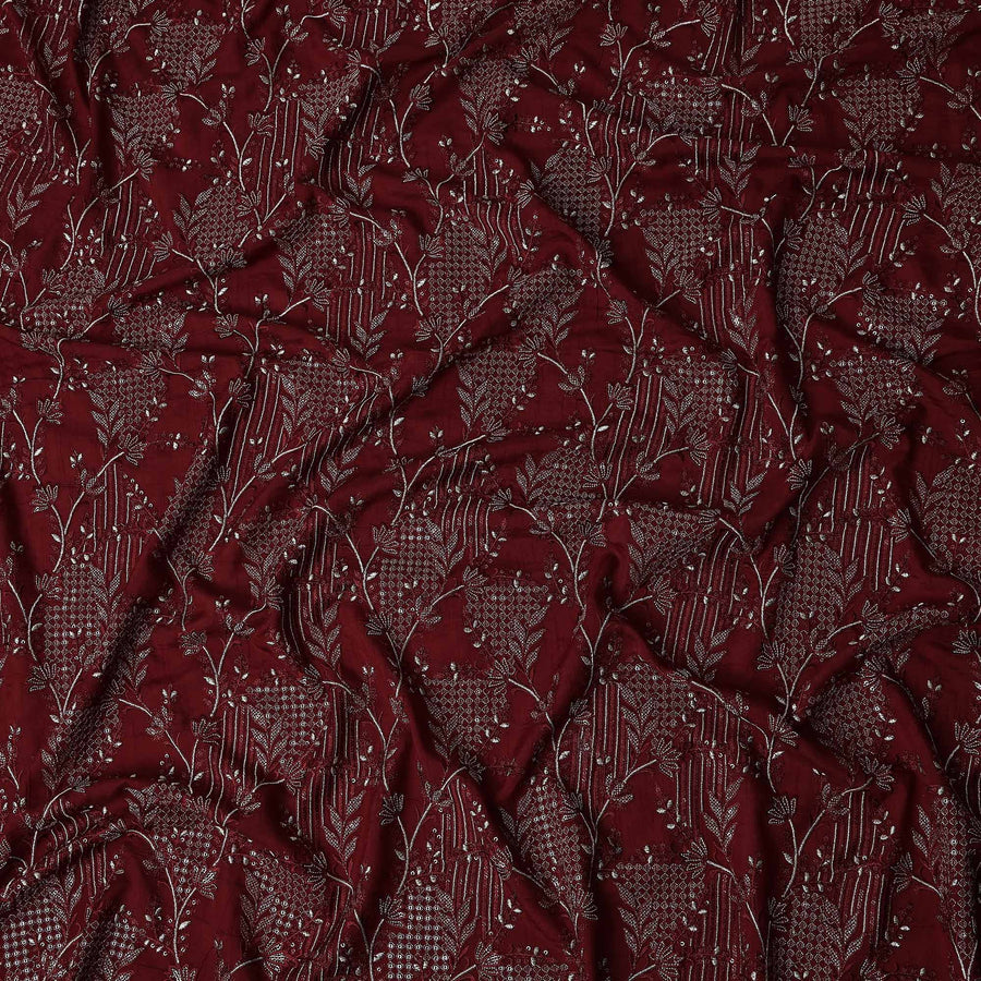 Red Floral Cotton Silk Embroidery Fabric 140cm