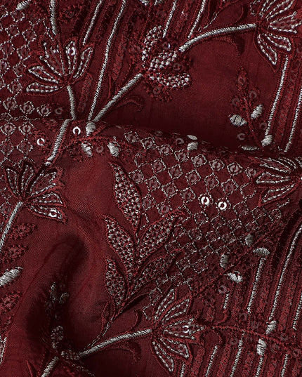 Red Floral Cotton Silk Embroidery Fabric 140cm