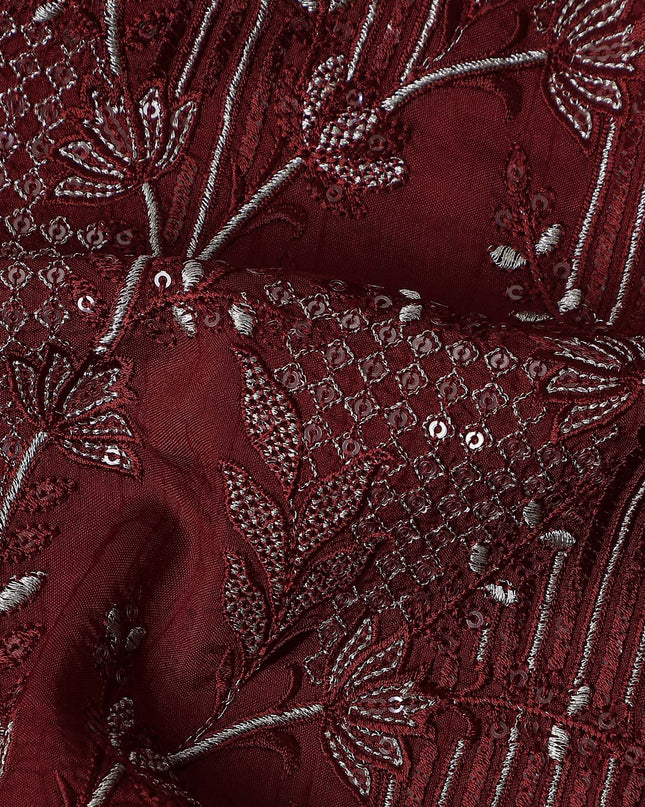 Red Floral Cotton Silk Embroidery Fabric 140cm