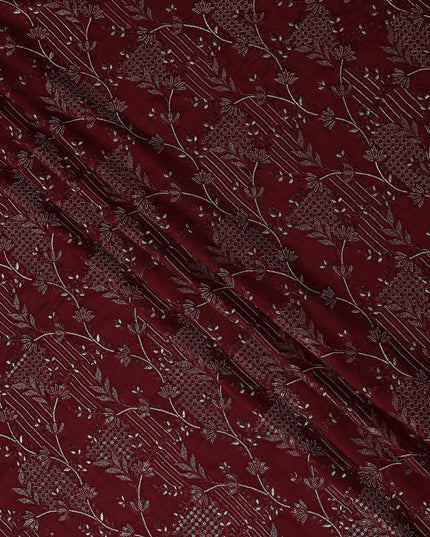 Red Floral Cotton Silk Embroidery Fabric 140cm