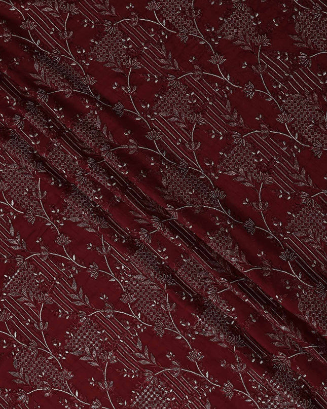 Red Floral Cotton Silk Embroidery Fabric 140cm
