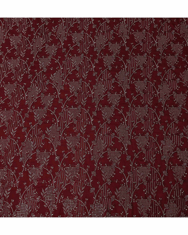 Red Floral Cotton Silk Embroidery Fabric 140cm