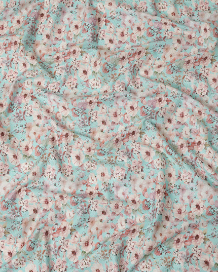 Aqua Blue Floral Printed Cotton Lawn Fabric 110 Cms Width India-D27763 - Regal Fabrics