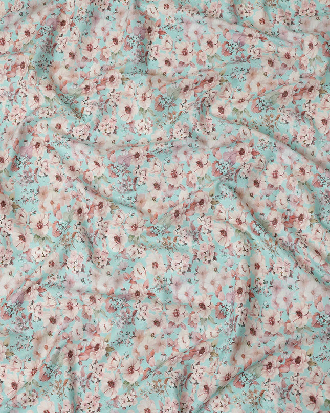 Aqua Blue Floral Printed Cotton Lawn Fabric 110 Cms Width India-D27763 - Regal Fabrics