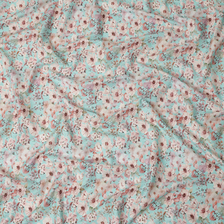 Aqua Blue Floral Printed Cotton Lawn Fabric 110 Cms Width India-D27763 - Regal Fabrics