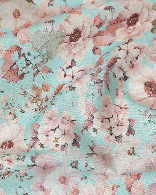Aqua Blue Floral Printed Cotton Lawn Fabric 110 Cms Width India-D27763 - Regal Fabrics