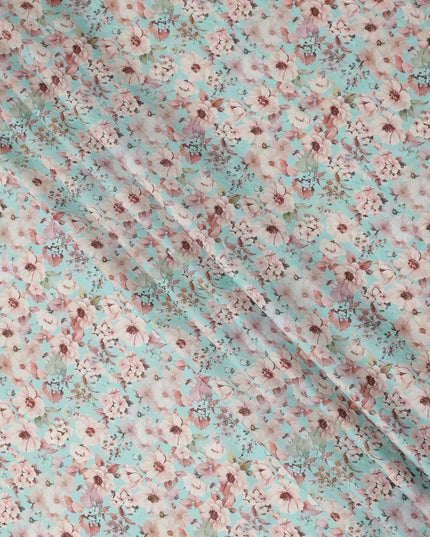 Aqua Blue Floral Printed Cotton Lawn Fabric 110 Cms Width India-D27763 - Regal Fabrics