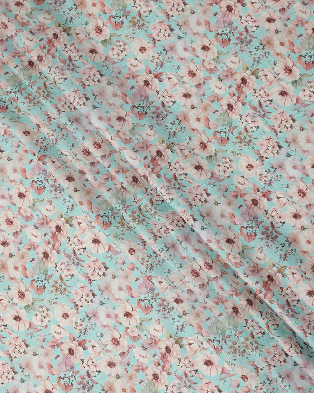 Aqua Blue Floral Printed Cotton Lawn Fabric 110 Cms Width India-D27763 - Regal Fabrics