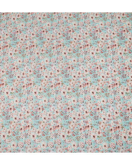 Aqua Blue Floral Printed Cotton Lawn Fabric 110 Cms Width India-D27763 - Regal Fabrics