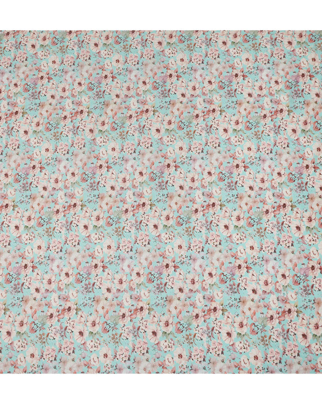 Aqua Blue Floral Printed Cotton Lawn Fabric 110 Cms Width India-D27763 - Regal Fabrics