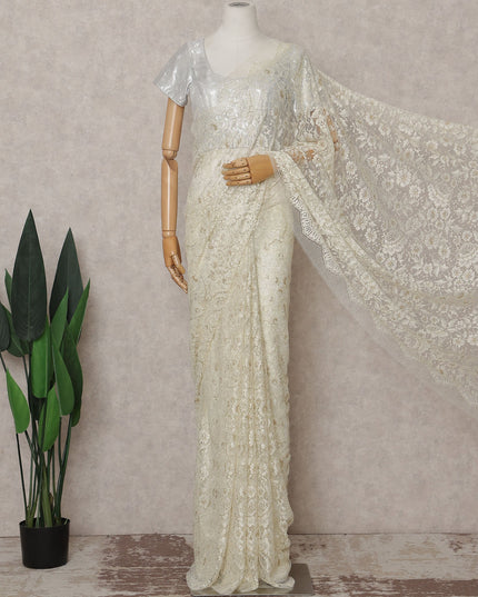 Ivory Gold Floral French Chantilly Lace Saree