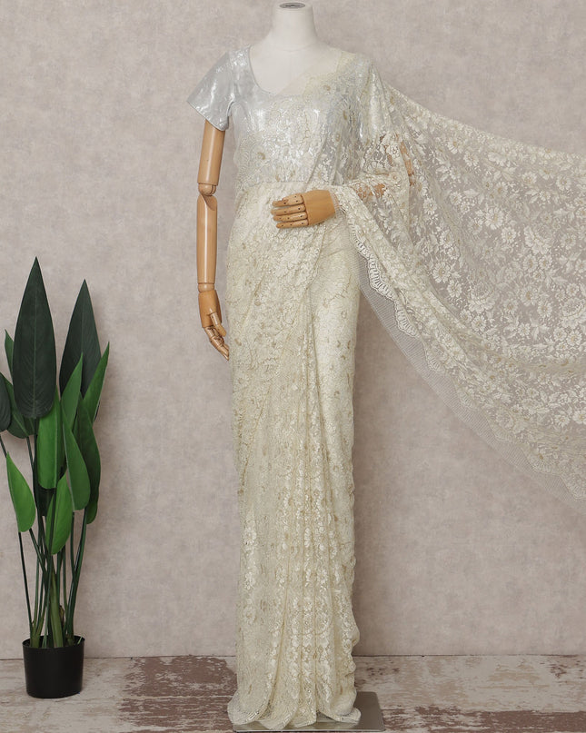 Ivory Gold Floral French Chantilly Lace Saree