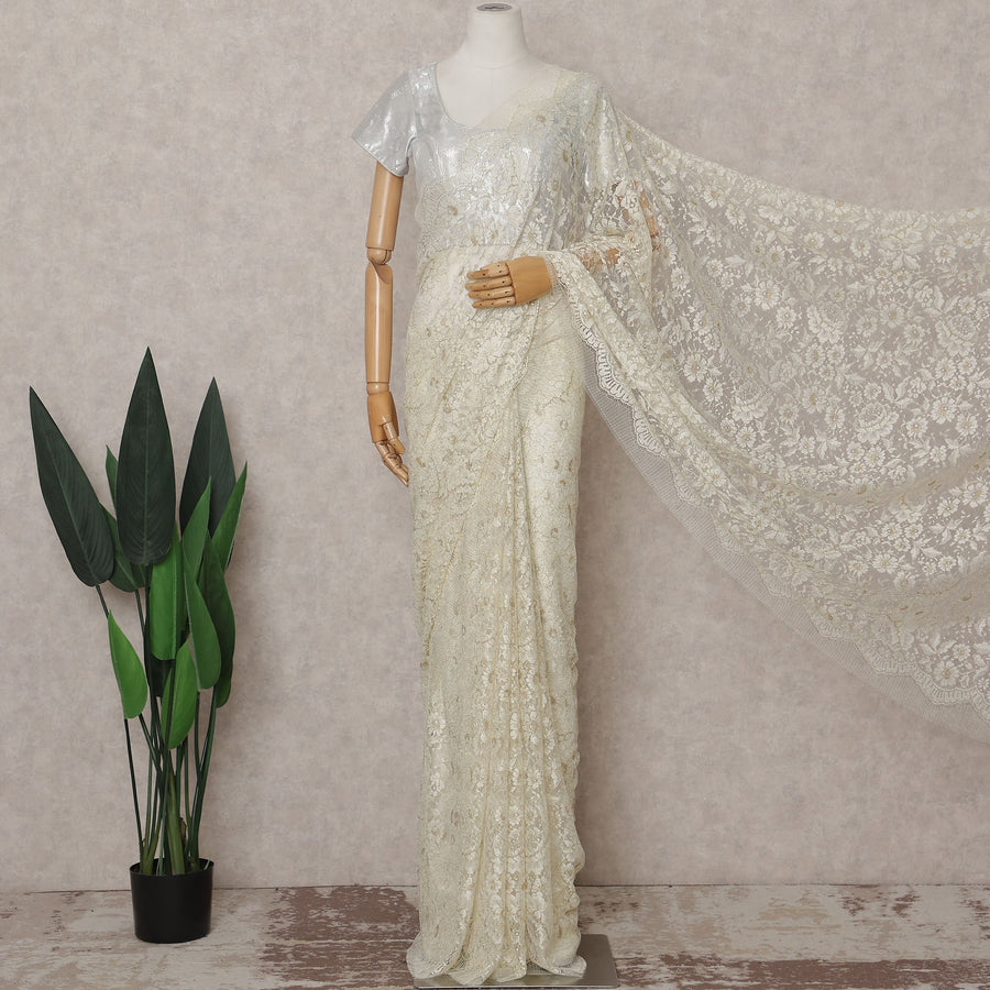 Ivory Gold Floral French Chantilly Lace Saree