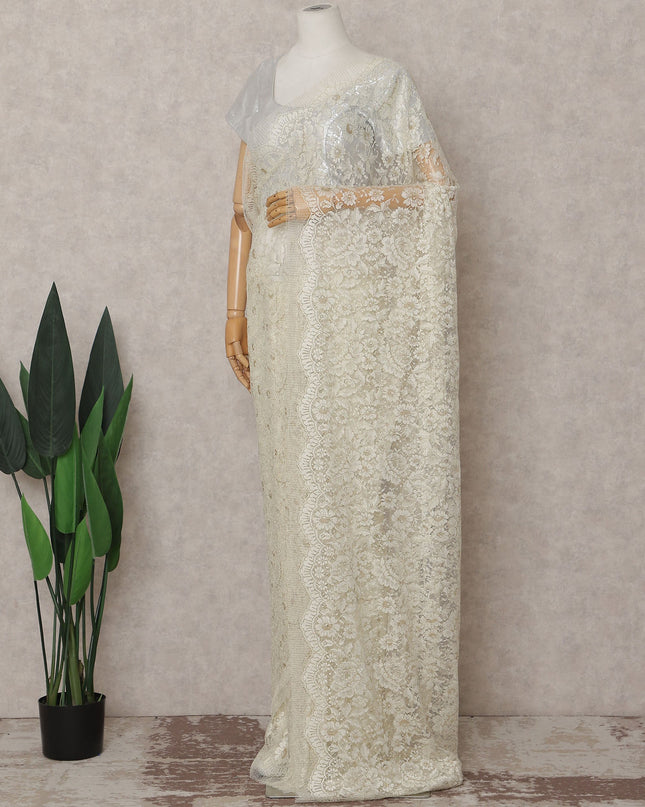 Ivory Gold Floral French Chantilly Lace Saree