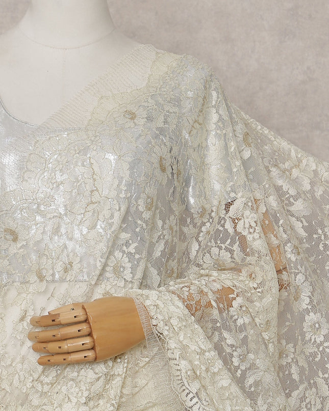 Ivory Gold Floral French Chantilly Lace Saree