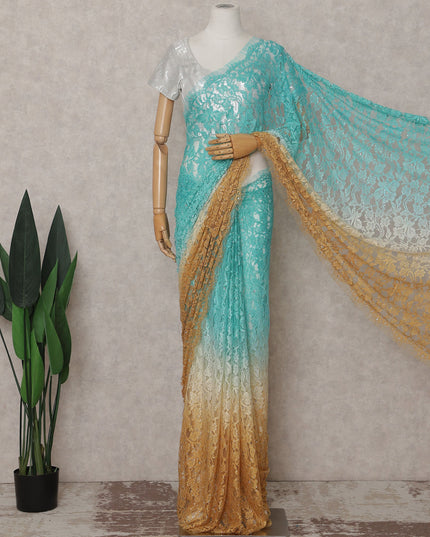 Aqua Teal to Gold Ombre French Chantilly Lace Saree