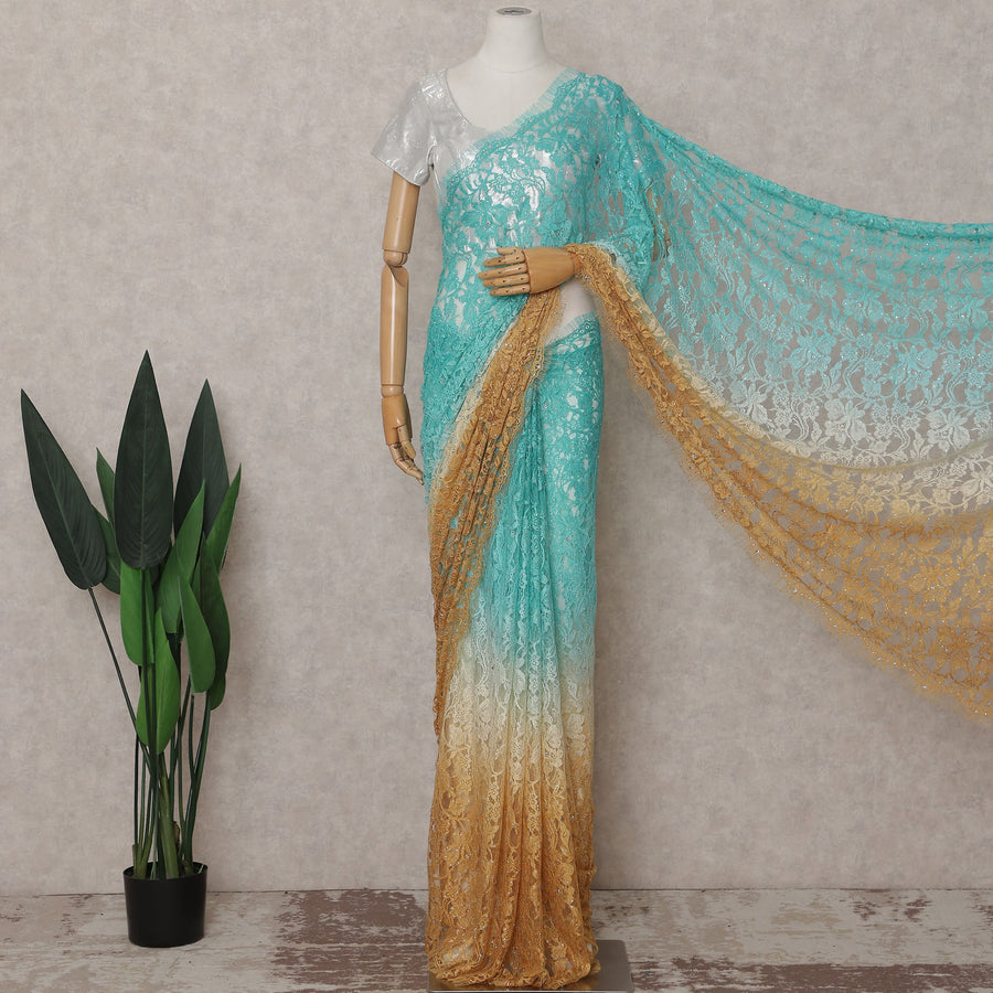 Aqua Teal to Gold Ombre French Chantilly Lace Saree