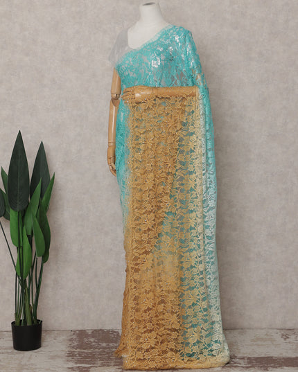 Aqua Teal to Gold Ombre French Chantilly Lace Saree