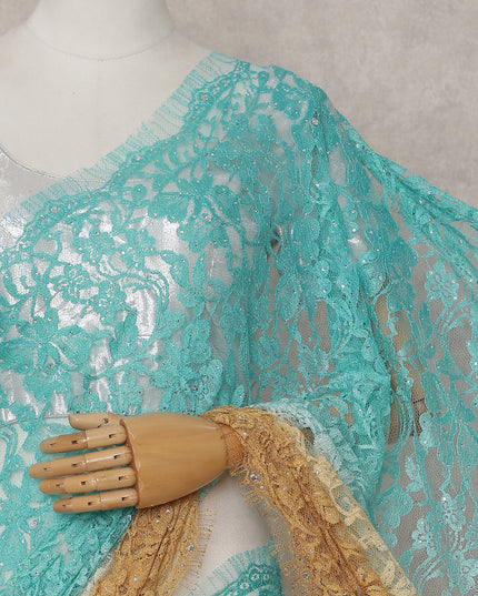 Aqua Teal to Gold Ombre French Chantilly Lace Saree